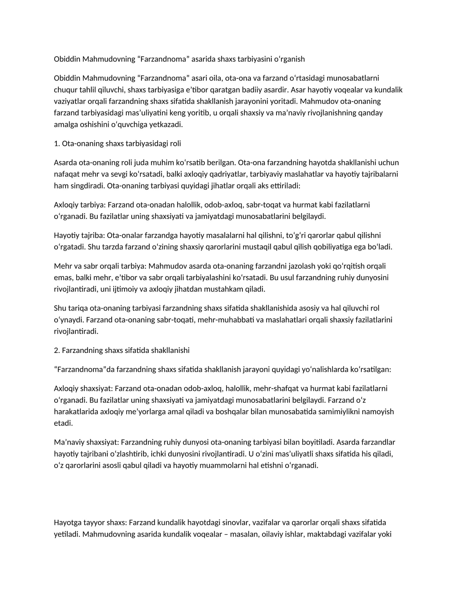 Obiddin Mahmudovning Farzandnoma asariga tahlil