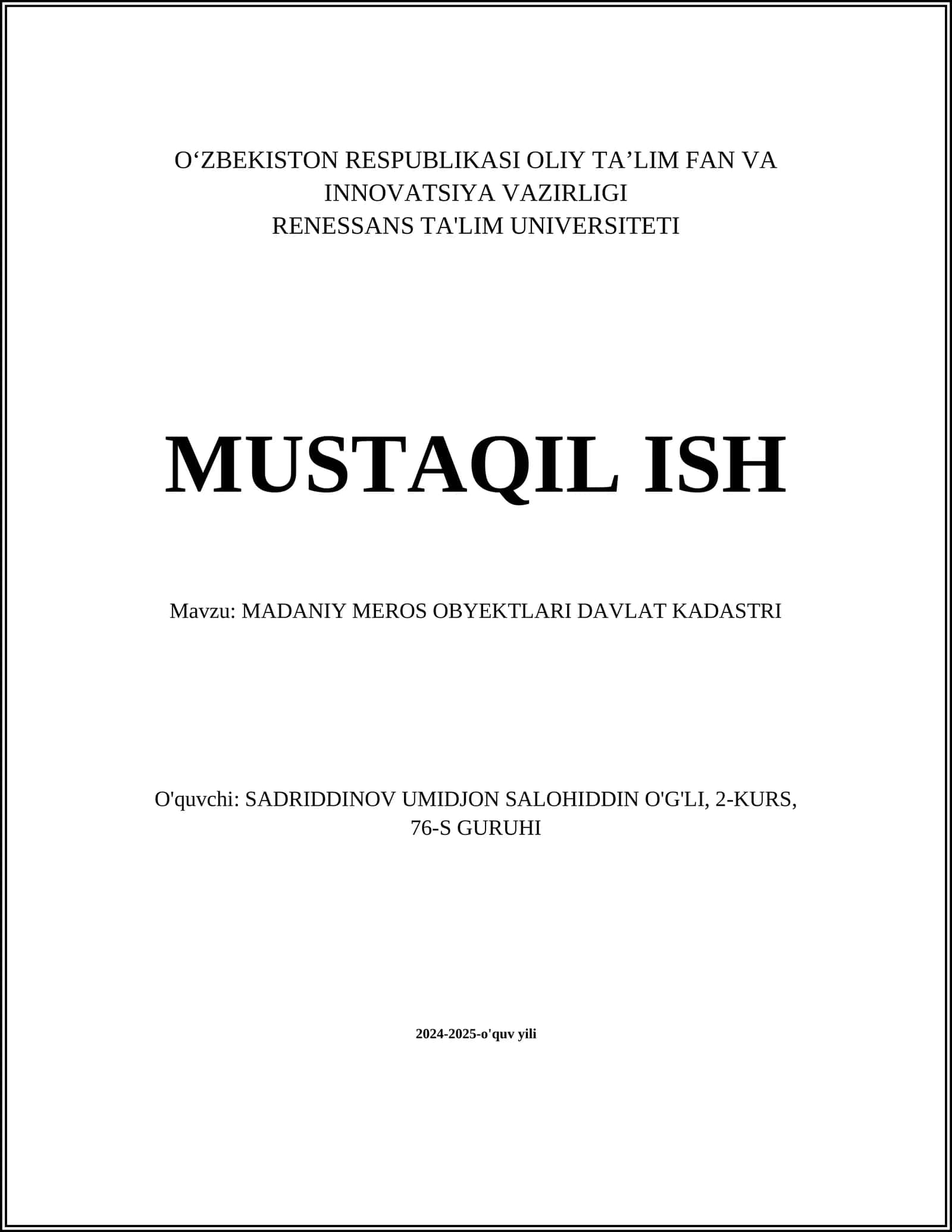 MADANIY MEROS OBYEKTLARI DAVLAT KADASTRI