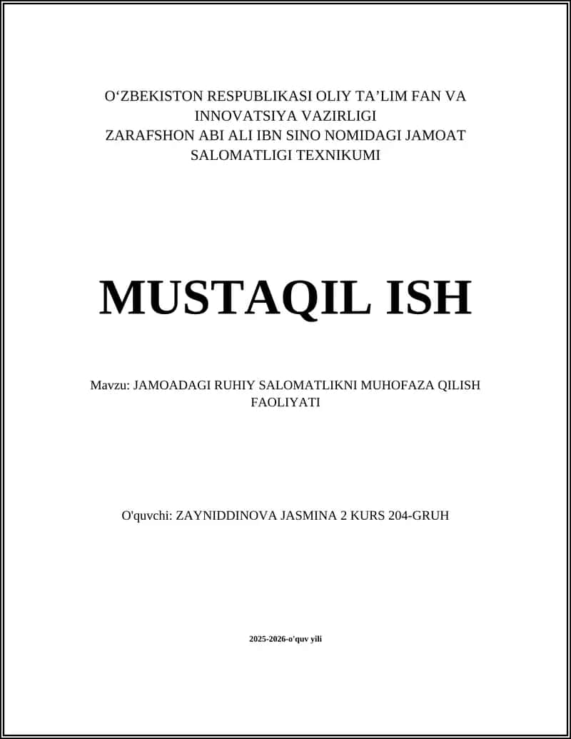 JAMOADAGI RUHIY SALOMATLIKNI MUHOFAZA QILISH FAOLIYATI