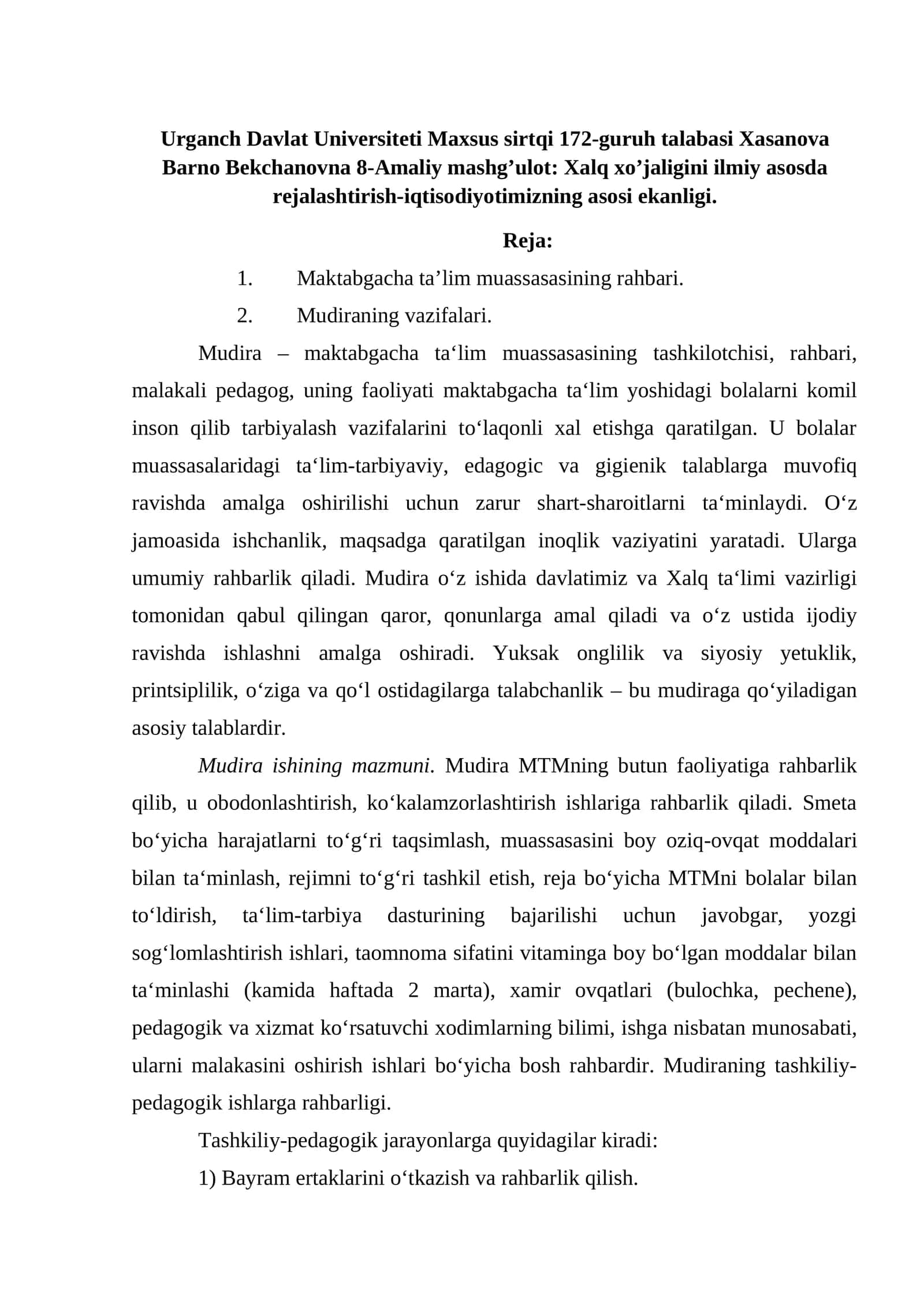 Xalq xo’jaligini ilmiy asosda rejalashtirish