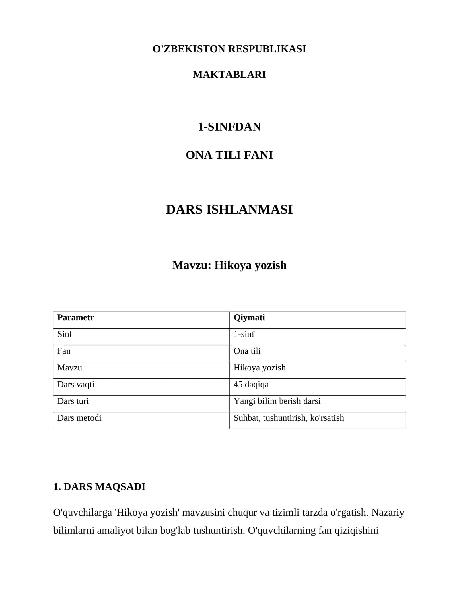 DARS ISHLANMASI - ONA TILI FANI - HIKOYA YOZISH