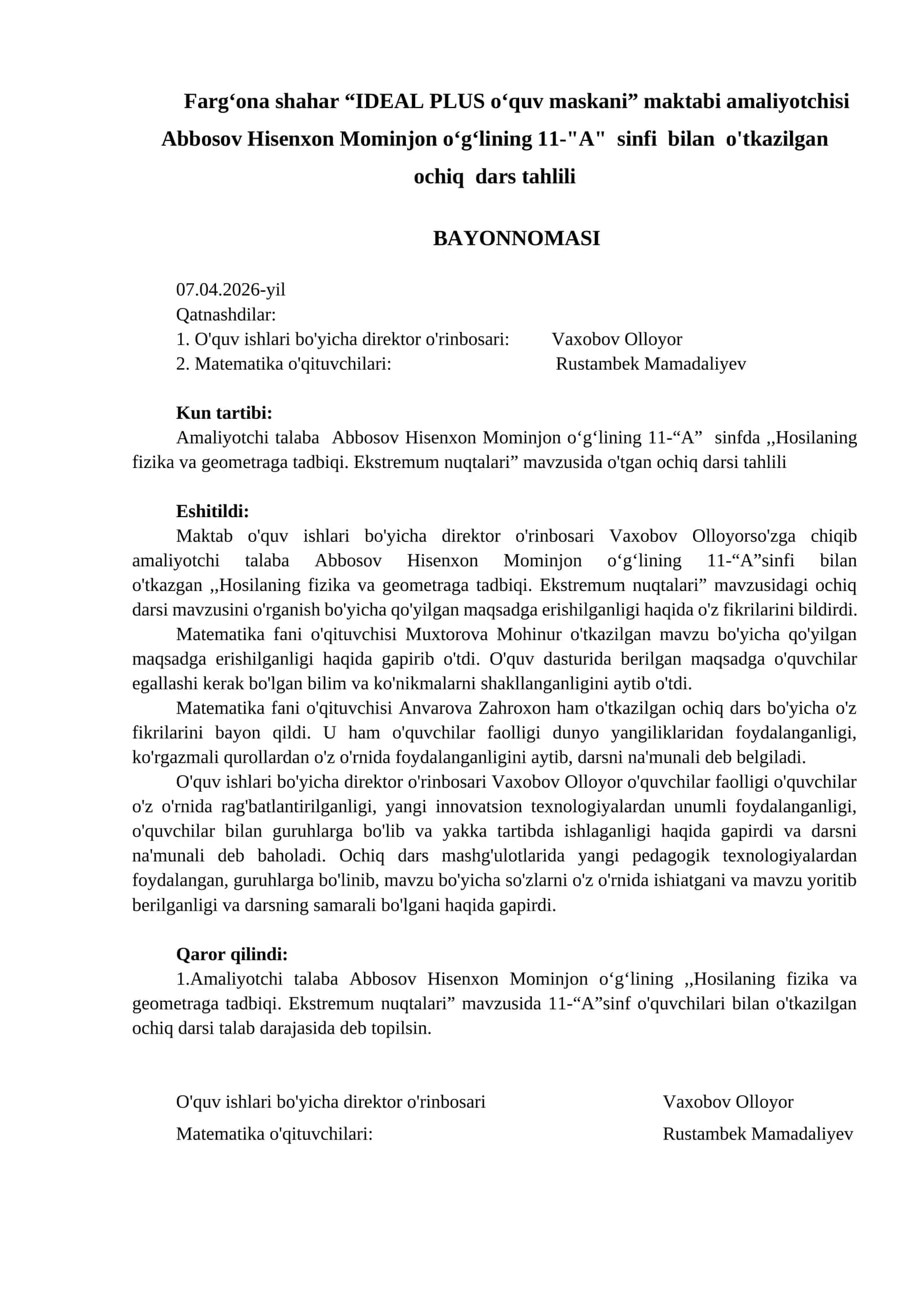 Ochiq dars bayonnomasi namunasi