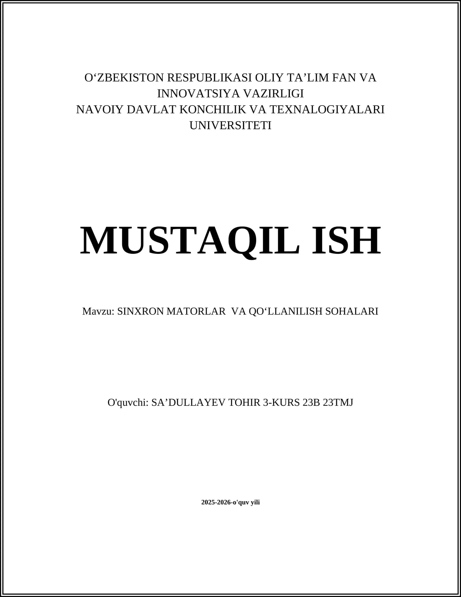 SINXRON MATORLAR VA QOʻLLANILISH SOHALARI