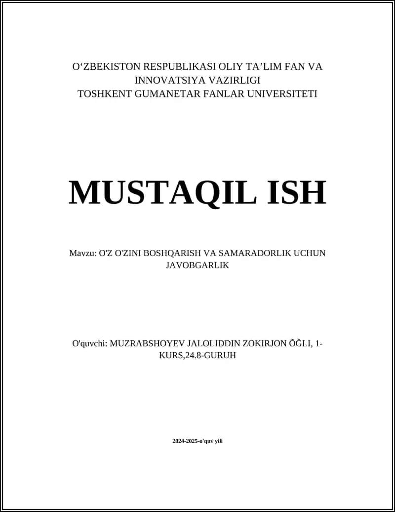 O'Z O'ZINI BOSHQARISH VA SAMARADORLIK UCHUN JAVOBGARLIK