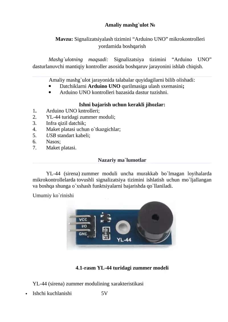 Signalizatsiyalash tizimini “Arduino UNO” mikrokontrolleri yordamida boshqarish