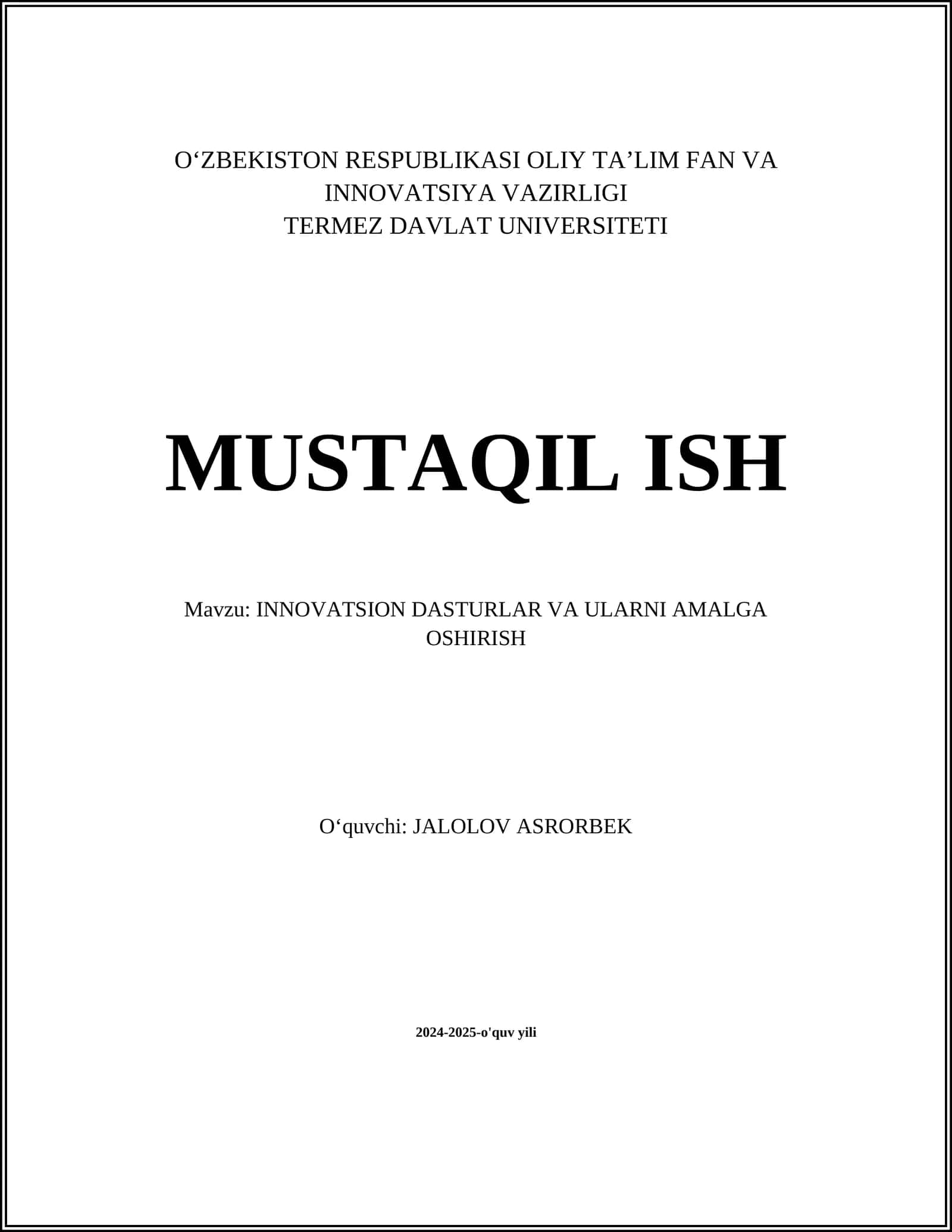 INNOVATSION DASTURLAR VA ULARNI AMALGA OSHIRISH