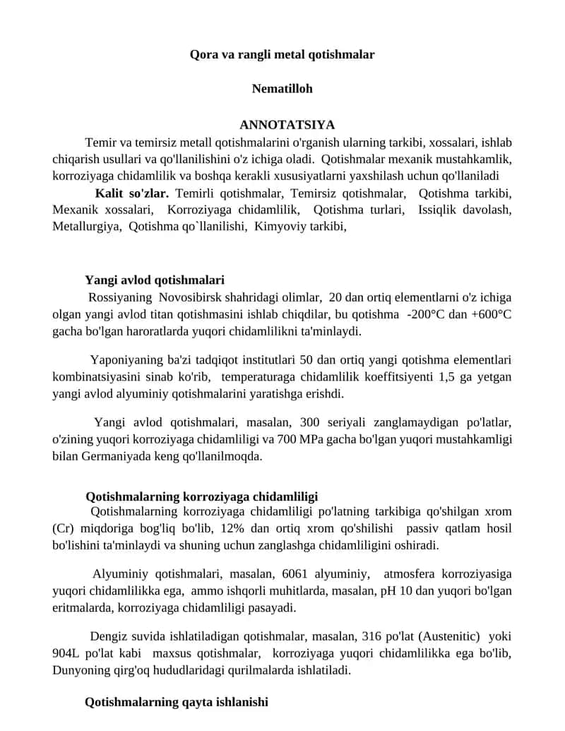 Qora va rangli metal qotishmalar