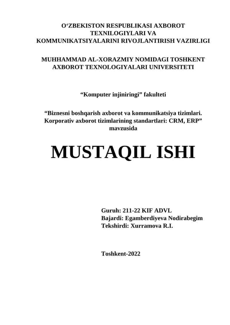 Biznеsni boshqarish axborot va kommunikatsiya tizimlari. Korporativ axborot tizimlarining standartlari: CRM, ERP