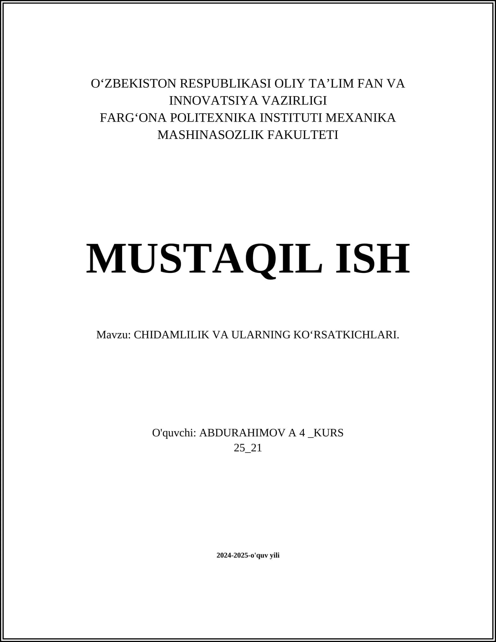 CHIDAMLILIK VA ULARNING KO‘RSATKICHLARI