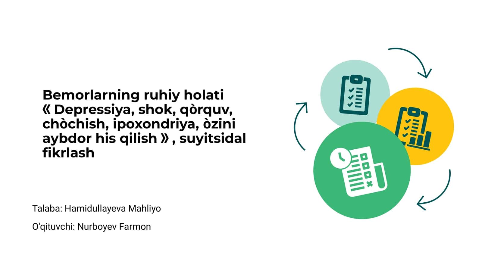 Bemorlarning ruhiy holati: Depressiya, shok, qòrquv, chòchish, ipoxondriya, òzini aybdor his qilish