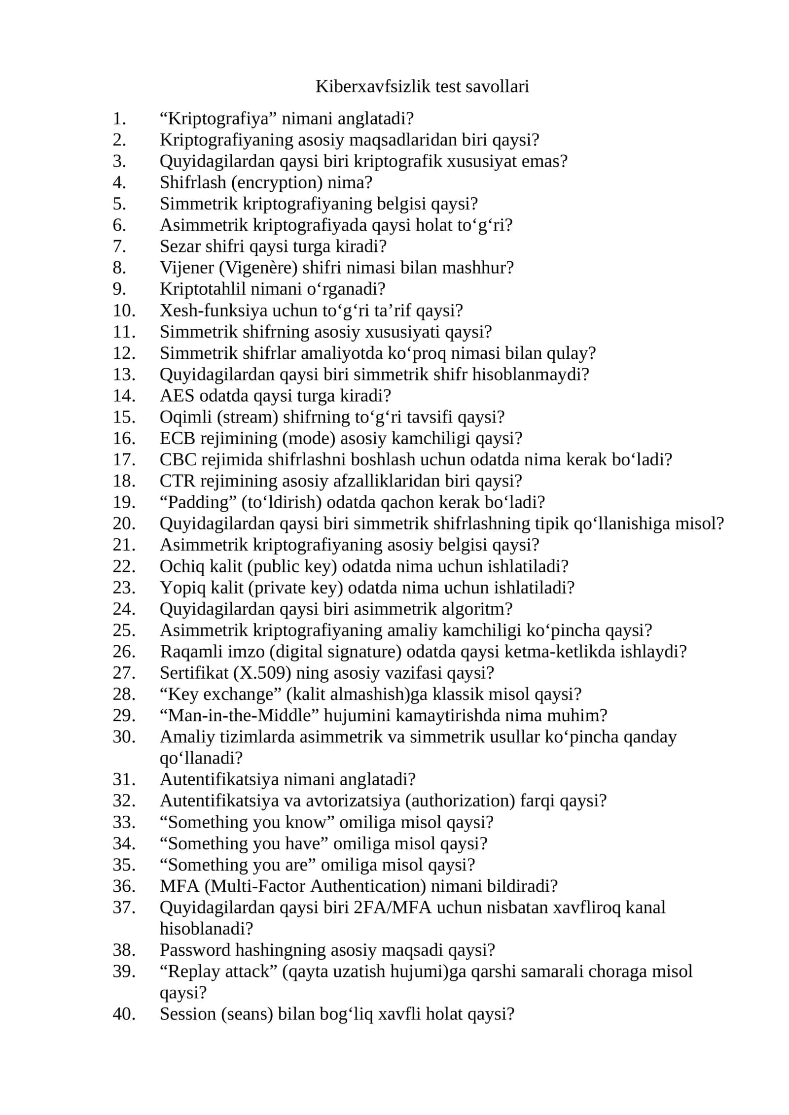 Kiberxavfsizlik test savollari