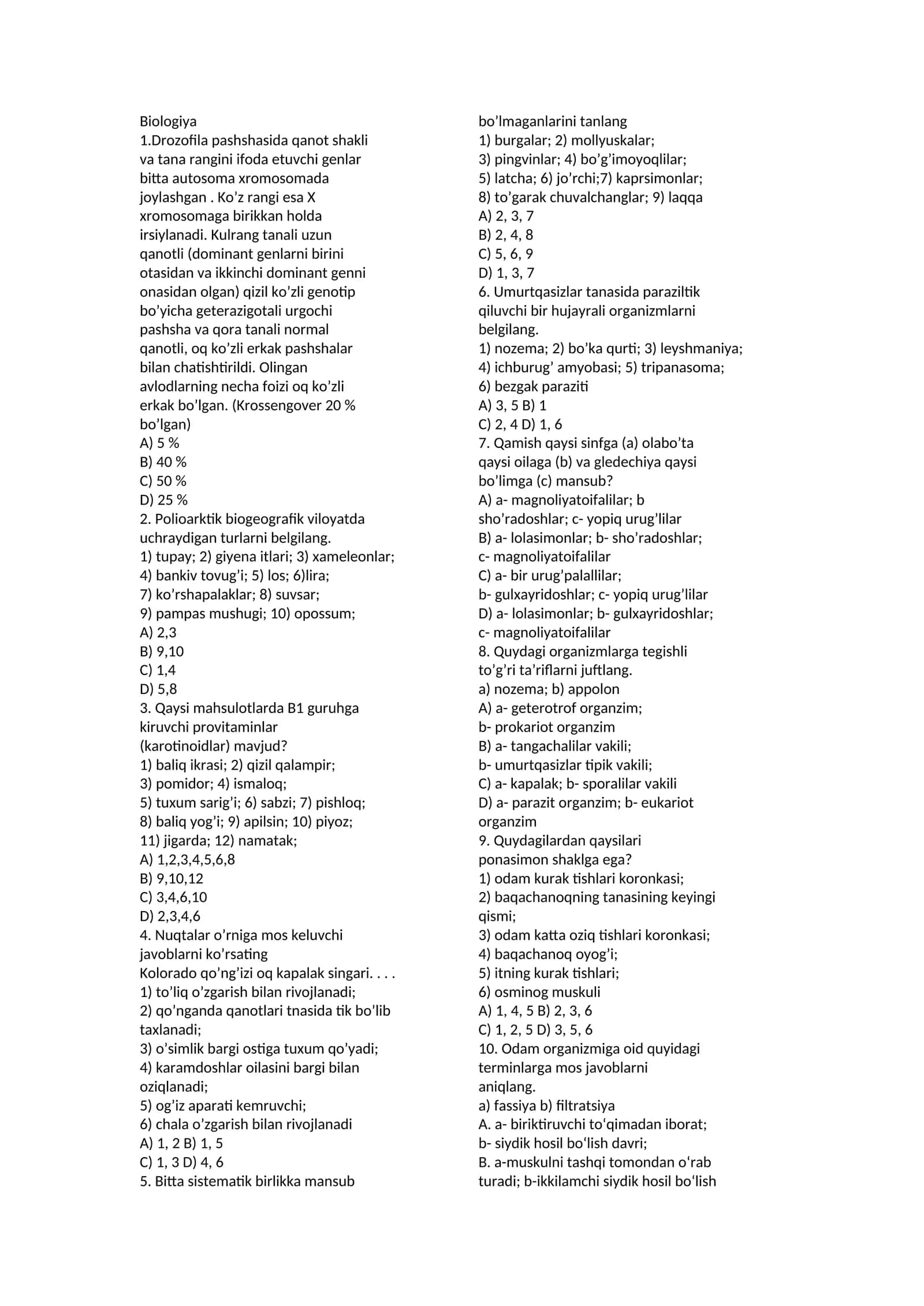 Biologiya fanidan umumiy test 1