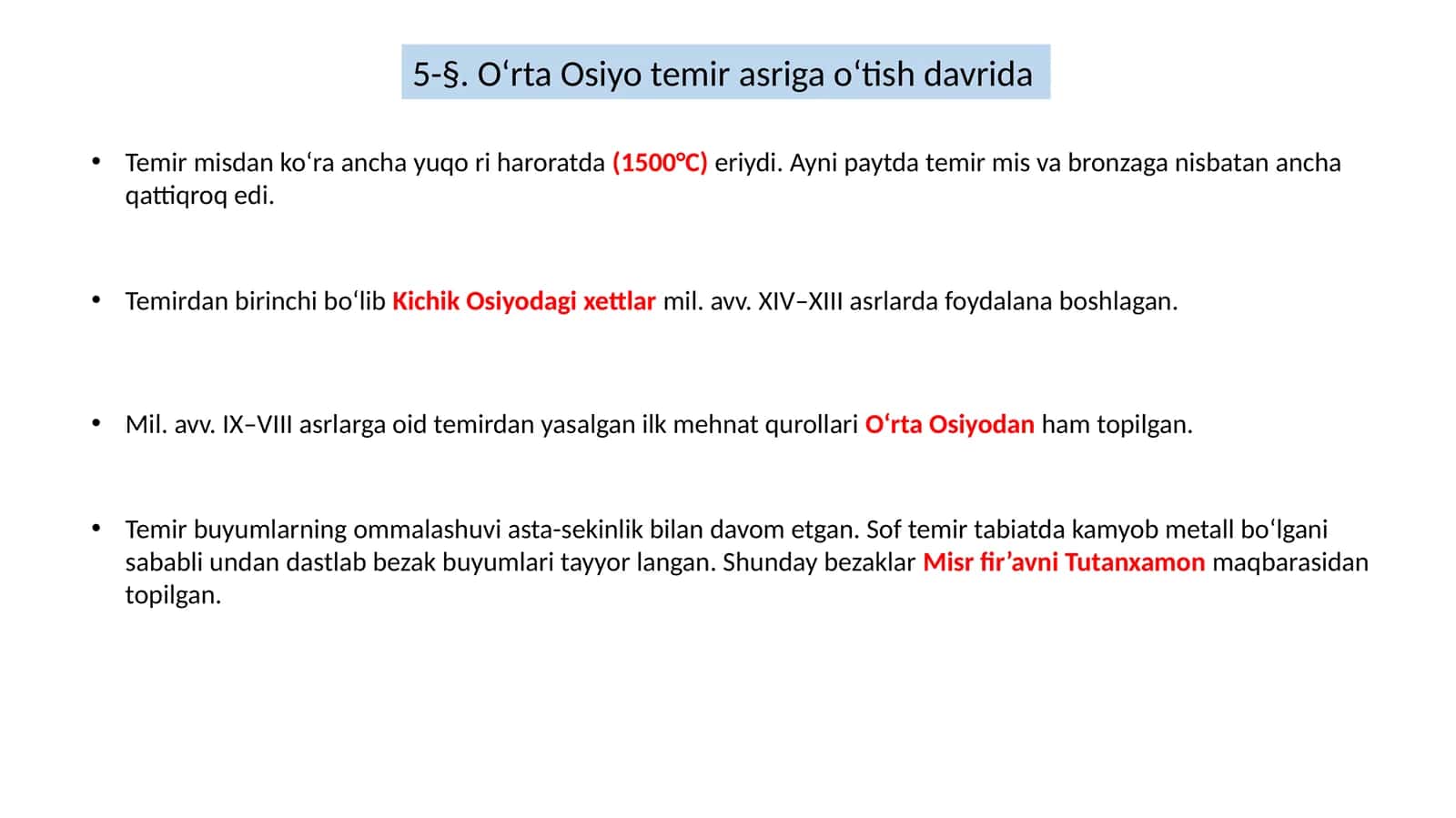 O‘rta Osiyo temir asriga o‘tish davrida