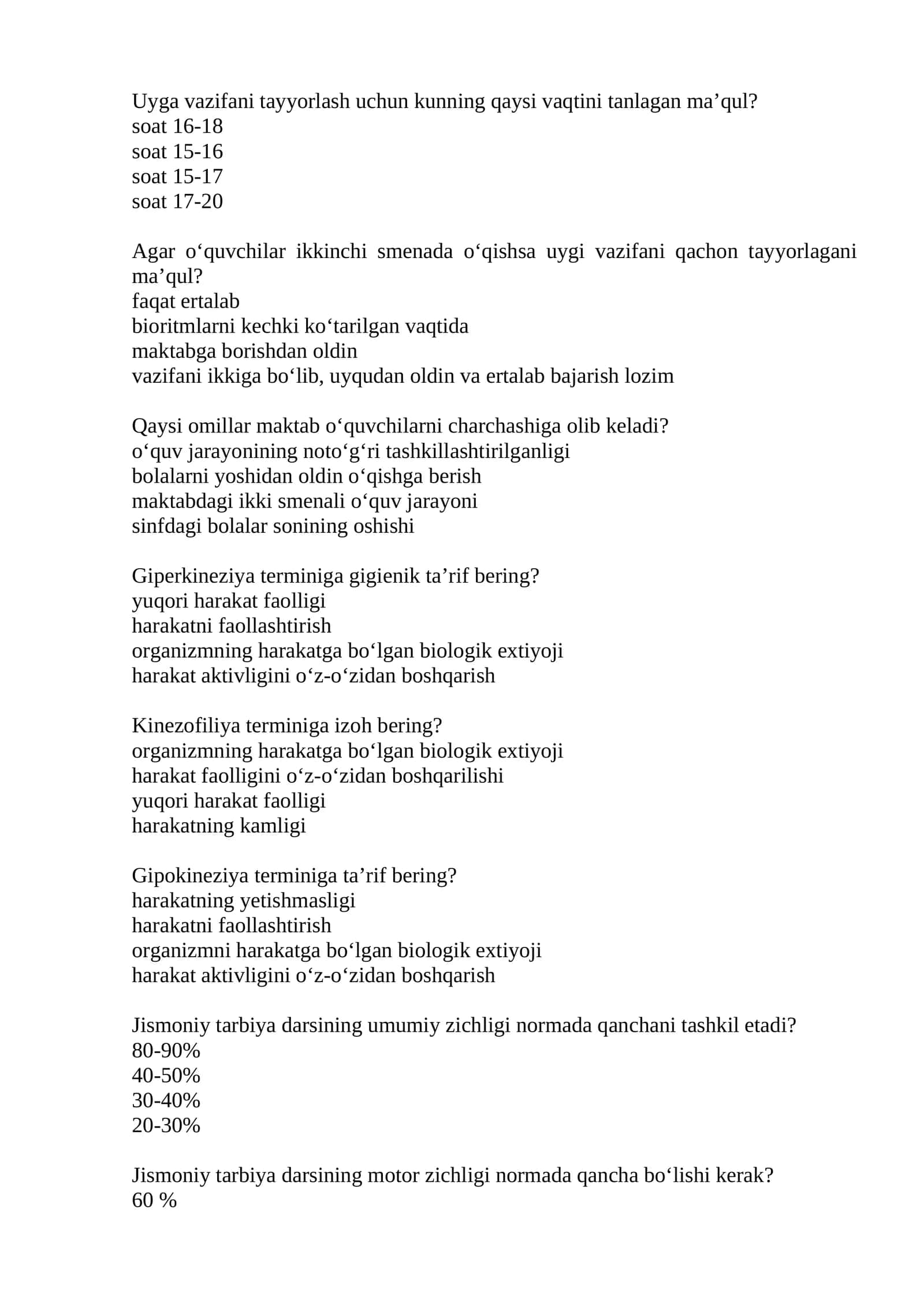 Uyga vazifani tayyorlash vaqtini tanlashda maqsul qaysi tipli bo‘lishi mumkin?