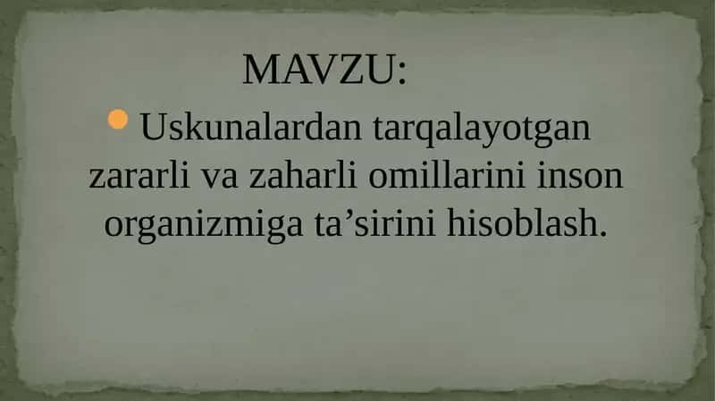Uskunalardan tarqalayotgan zararli va zaharli omillarini inson organizmiga ta’sirini hisoblash.