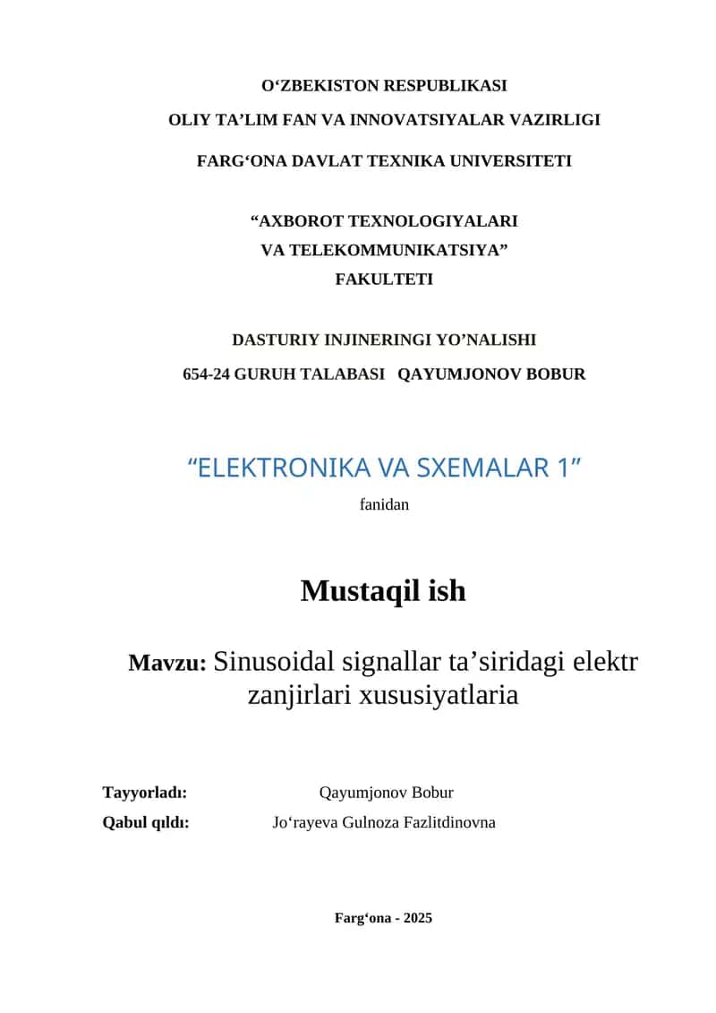 Sinusoidal signallar ta’siridagi elektr zanjirlari xususiyatlari