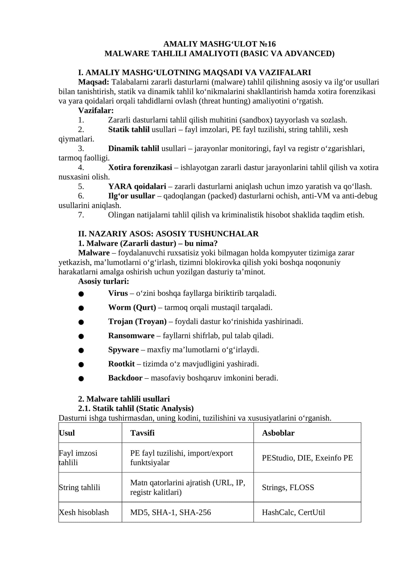 MALWARE TAHLILI AMALIYOTI (BASIC VA ADVANCED)