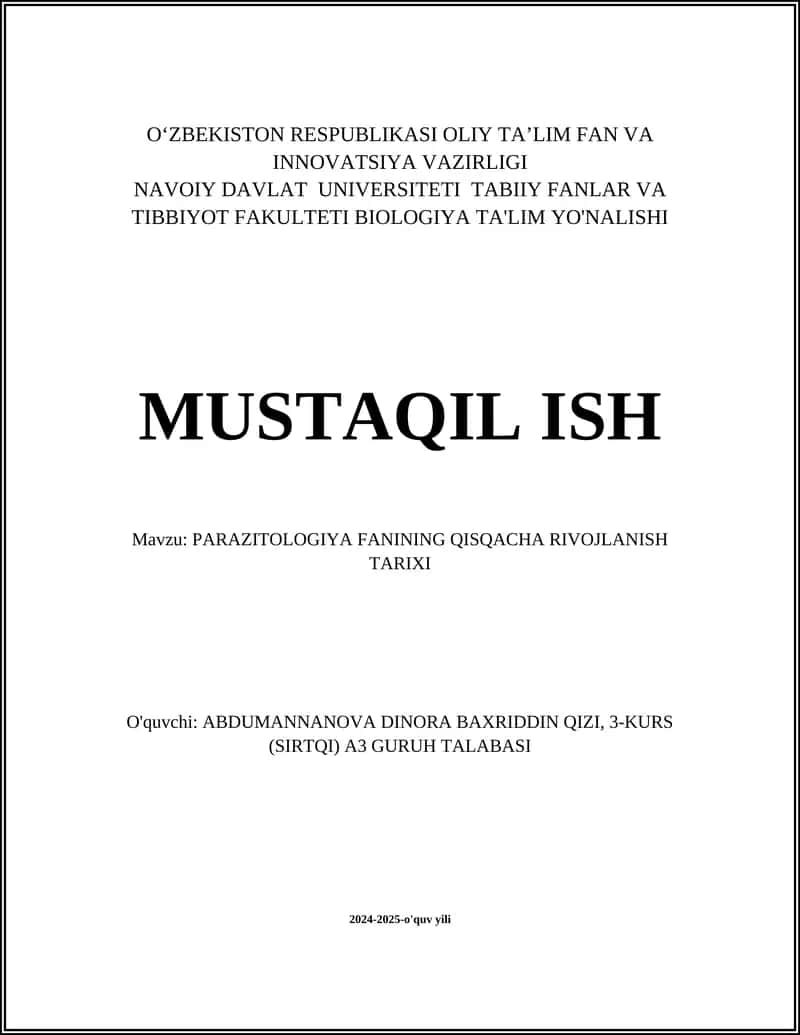 PARAZITOLOGIYA FANINING QISQACHA RIVOJLANISH TARIXI