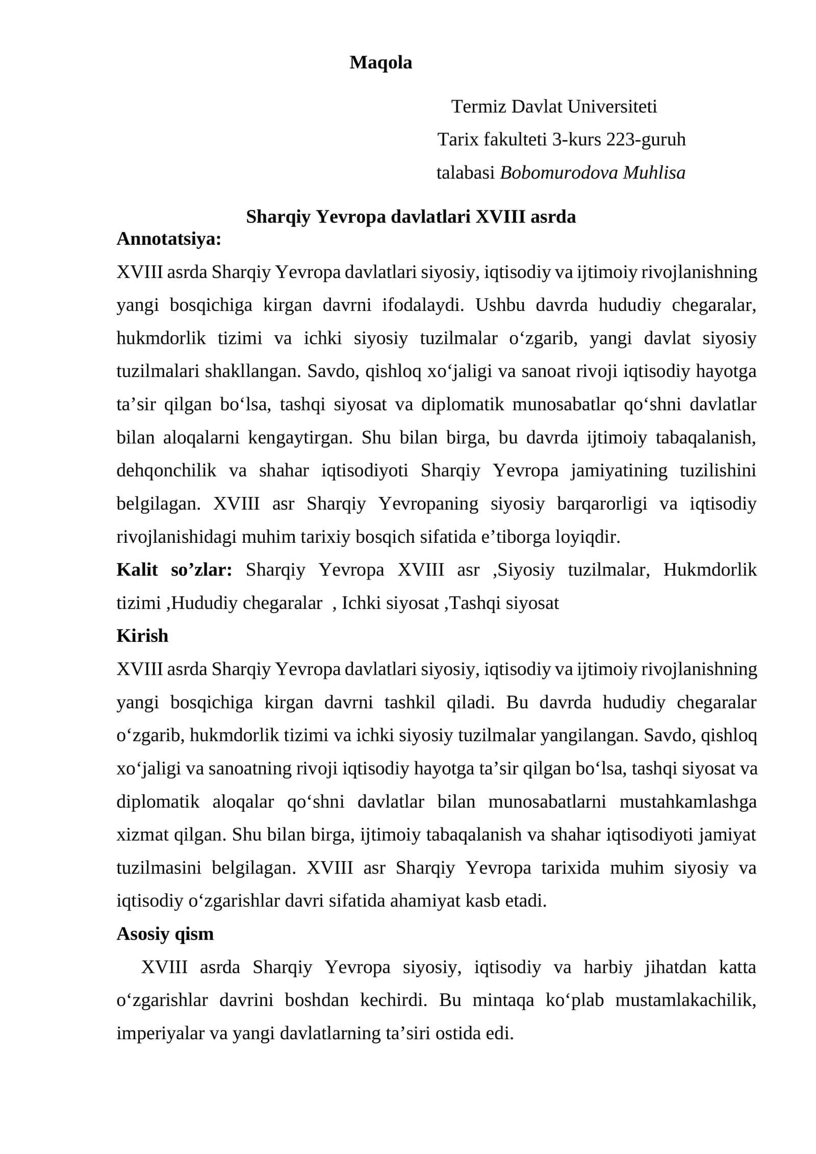 Sharqiy Yevropa davlatlari siyosiy, iqtisodiy va ijtimoiy rivojlanishi XVIII asrda