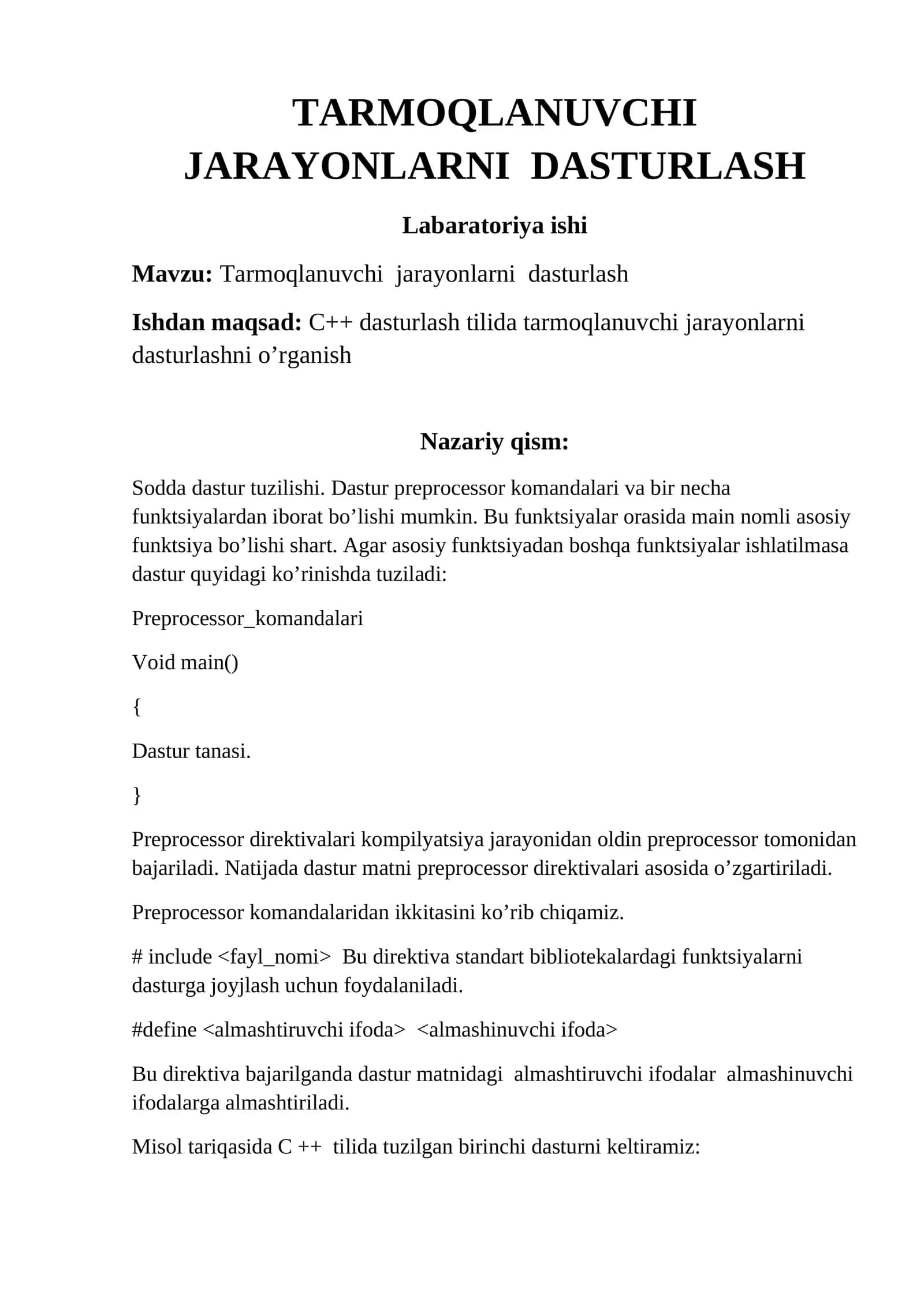 Tarmoqlanuvchi jarayonlarni dasturlash