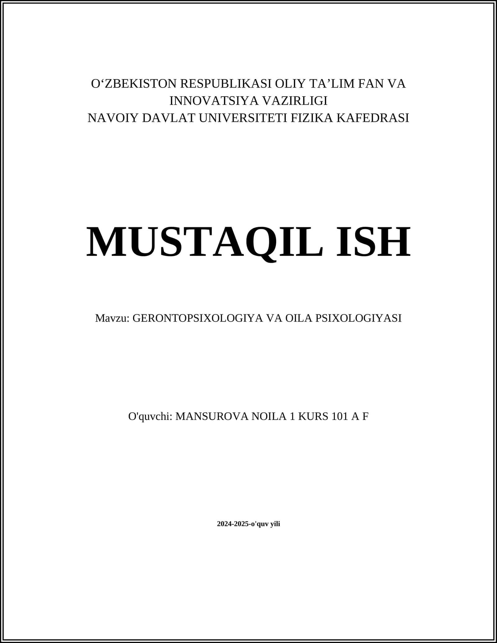 GERONTOPSIXOLOGIYA VA OILA PSIXOLOGIYASI