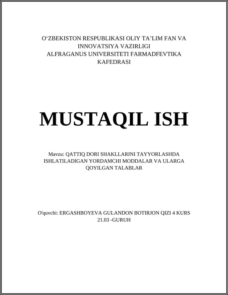 QATTIQ DORI SHAKLLARINI TAYYORLASHDA ISHLATILADIGAN YORDAMCHI MODDALAR VA ULARGA QOYILGAN TALABLAR