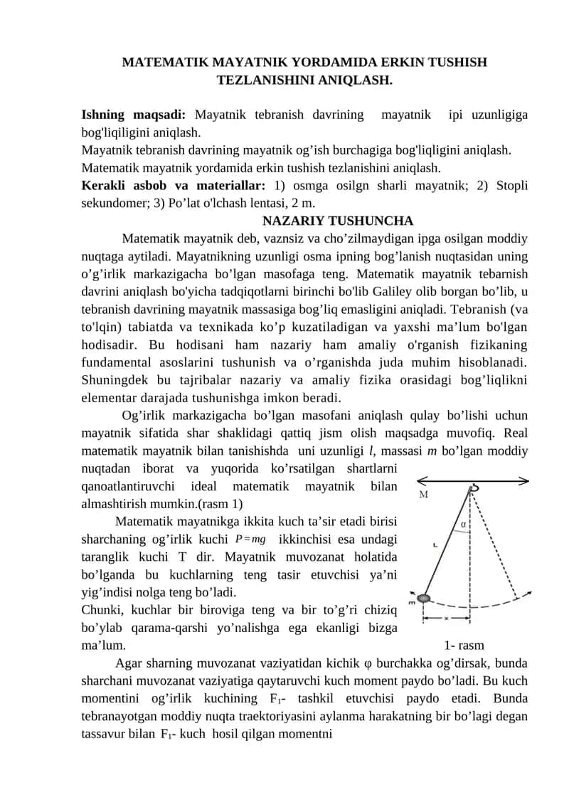 MATEMATIK MAYATNIK YORDAMIDA ERKIN TUSHISH TEZLANISHINI ANIQLASH