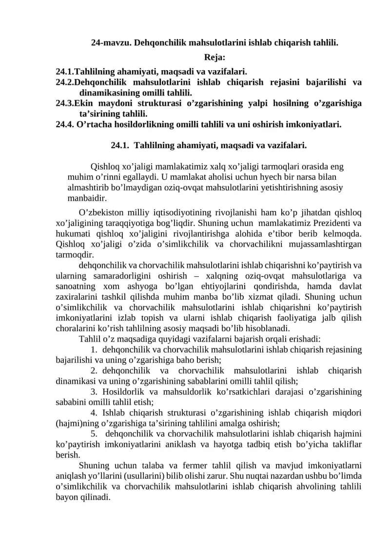 Dehqonchilik mahsulotlarini ishlab chiqarish tahlili