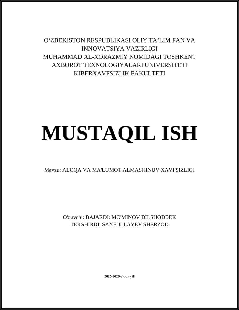 ALOQA VA MA'LUMOT ALMASHINUV XAVFSIZLIGI
