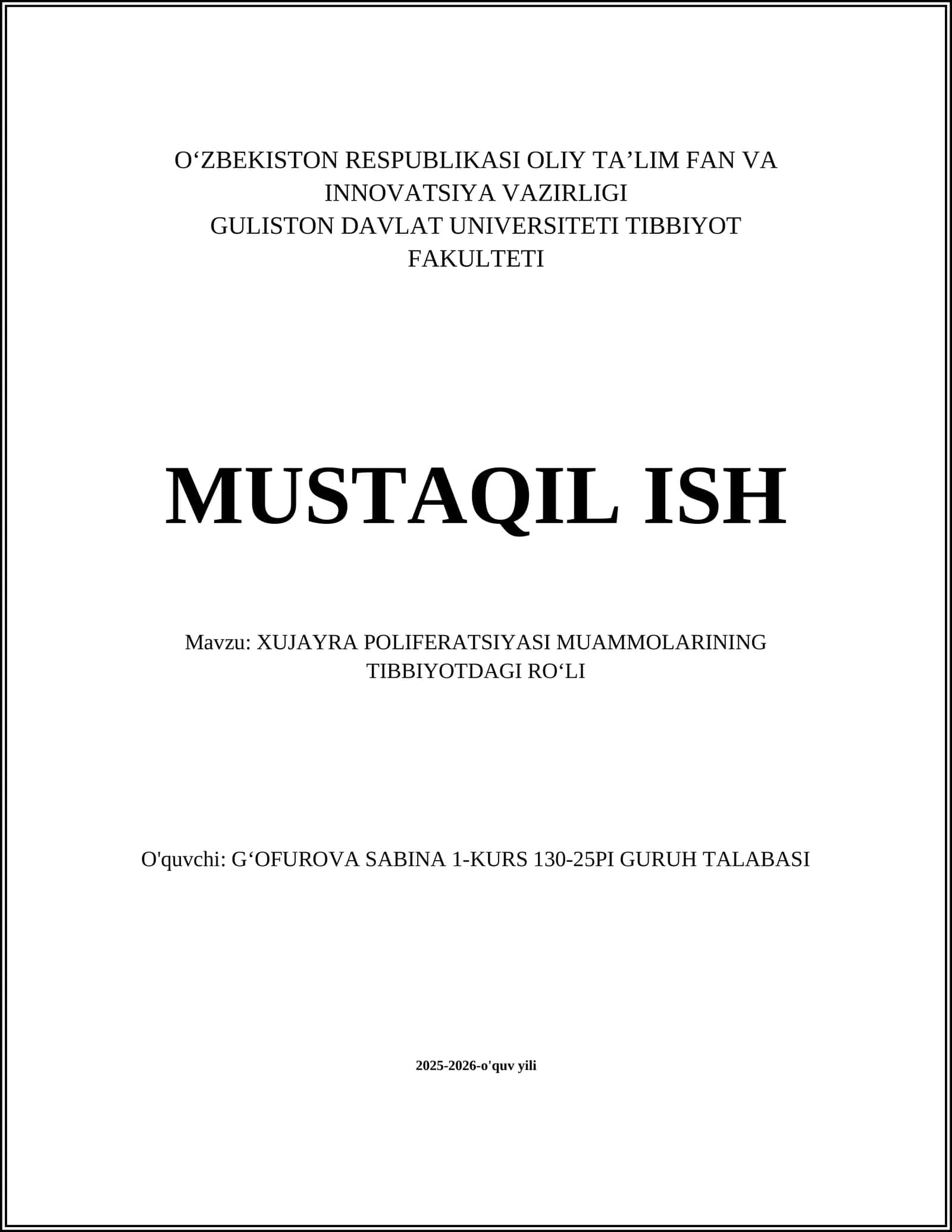 XUJAYRA POLIFERATSIYASI MUAMMOLARINING TIBBIYOTDAGI ROʻLI