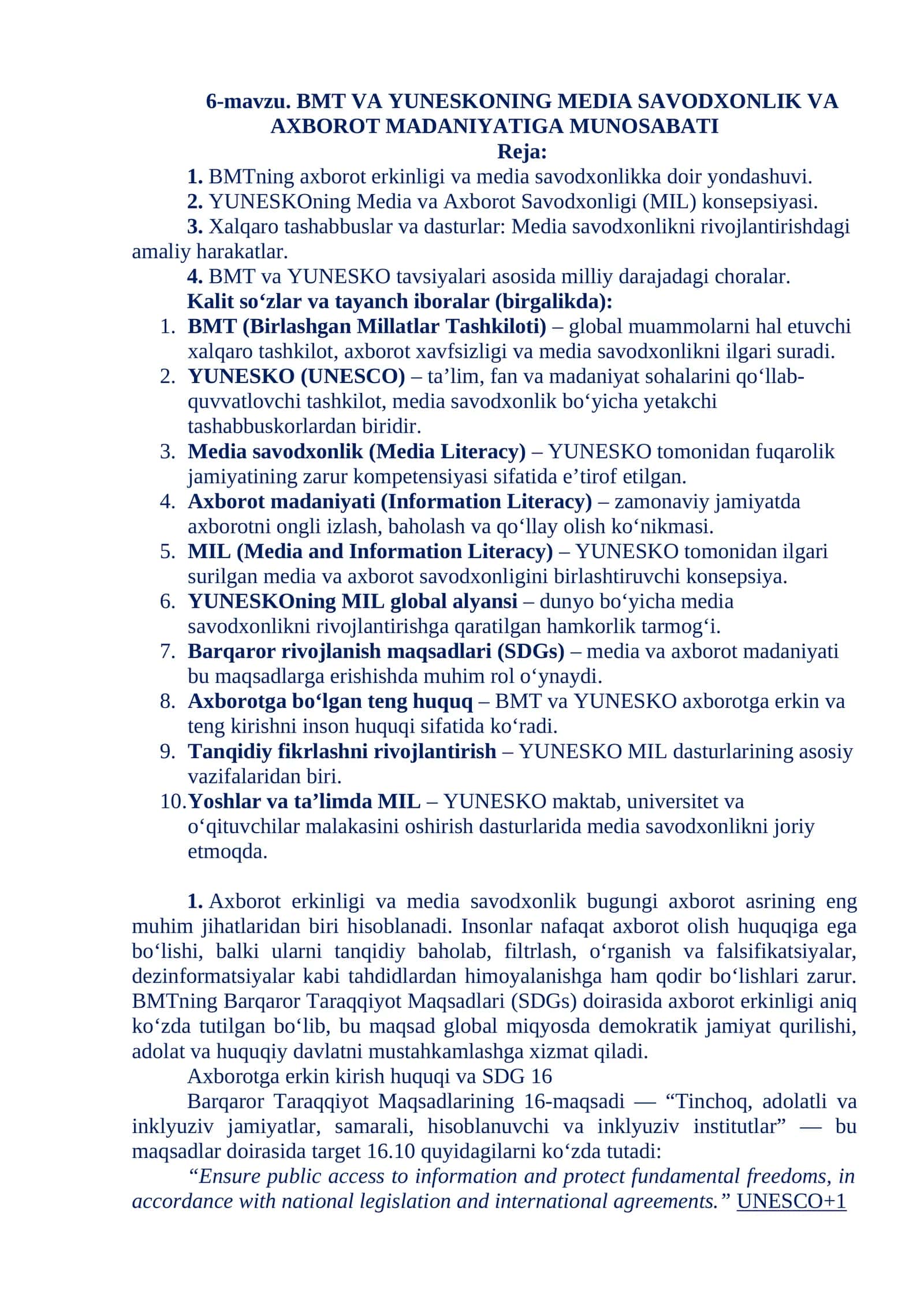 BMT VA YUNESKONING MEDIA SAVODXONLIK VA AXBOROT MADANIYATIGA MUNOSABATI