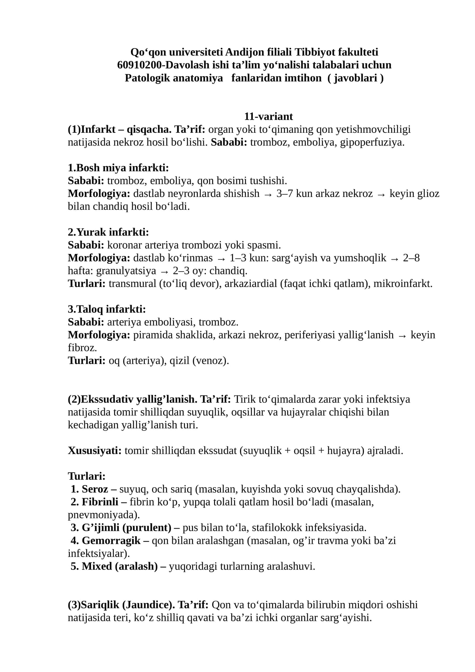 Patologik anatomiya fanlaridan imtihon ( javoblari )