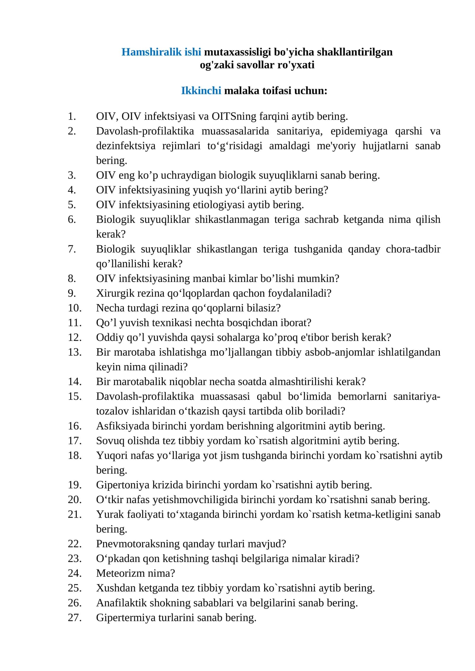 Hamshiralik ishi mutaxassisligi bo'yicha shakllantirilgan  og'zaki savollar ro'yxati Ikkinchi malaka tоifasi uchun: