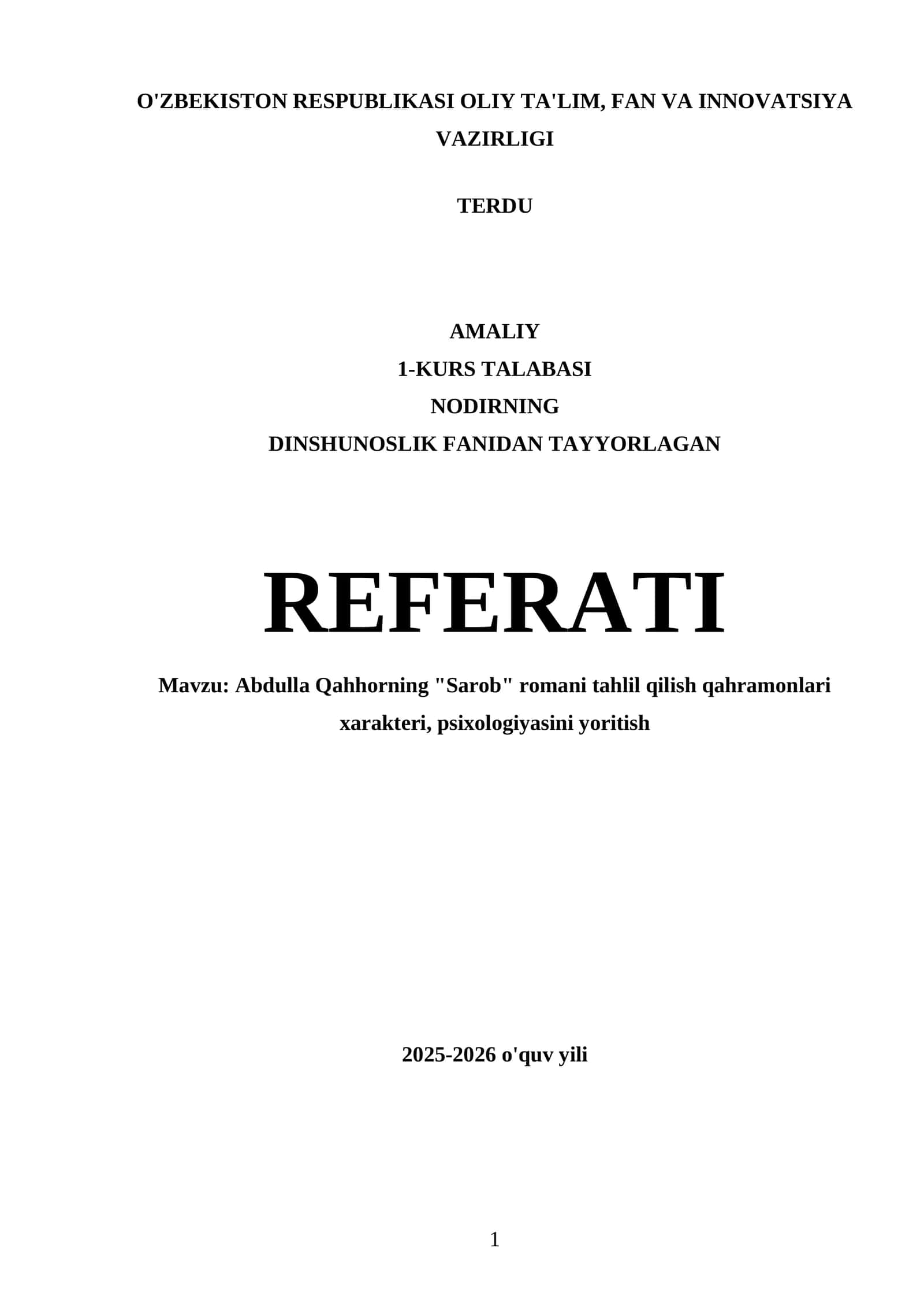Abdulla Qahhorning "Sarob" romani tahlil qilish qahramonlari xarakteri, psixologiyasini yoritish