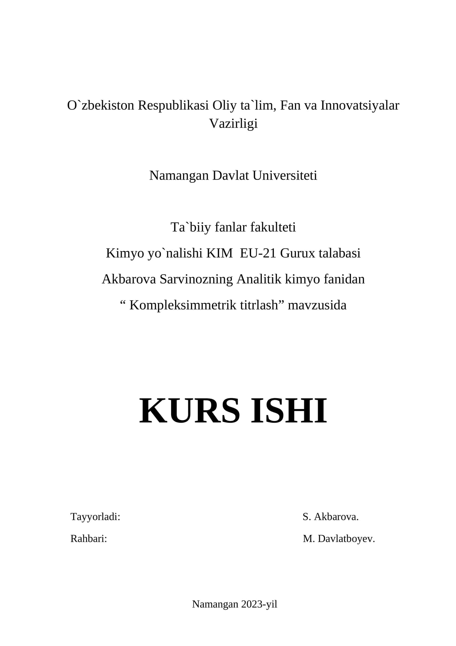 Kompleksimmetrik titrlash KURS ISHI