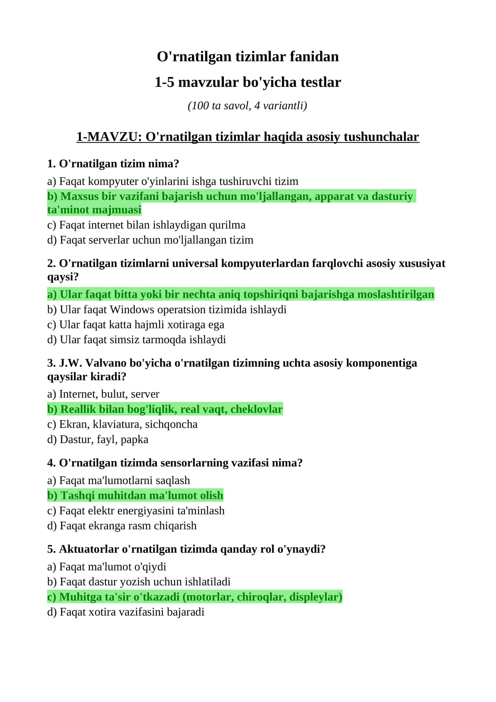 O'rnatilgan tizimlar fanidan testlar