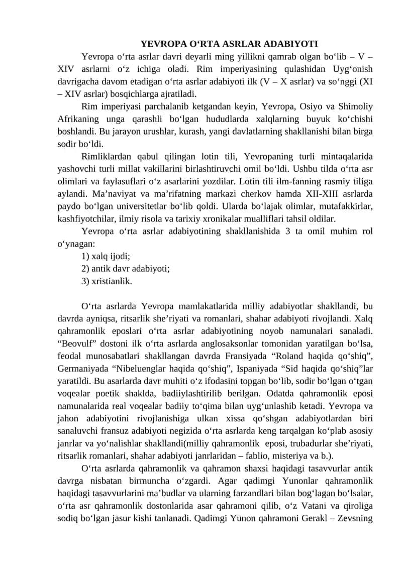 YEVROPA O'RTA ASRLAR ADABIYOTI