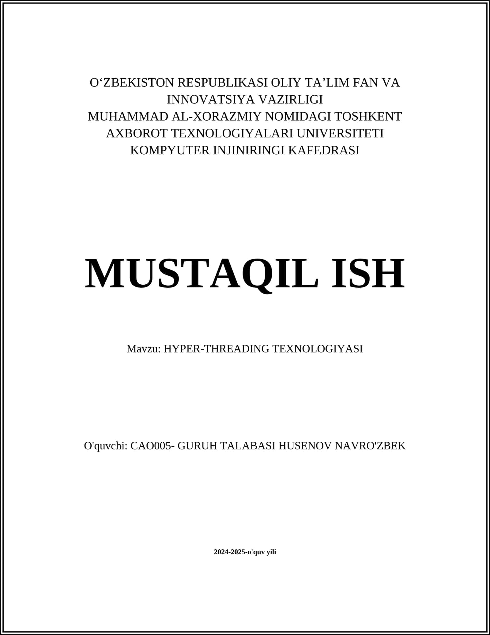 MUSTAQIL ISH Mavzu: HYPER-THREADING TEXNOLOGIYASI
