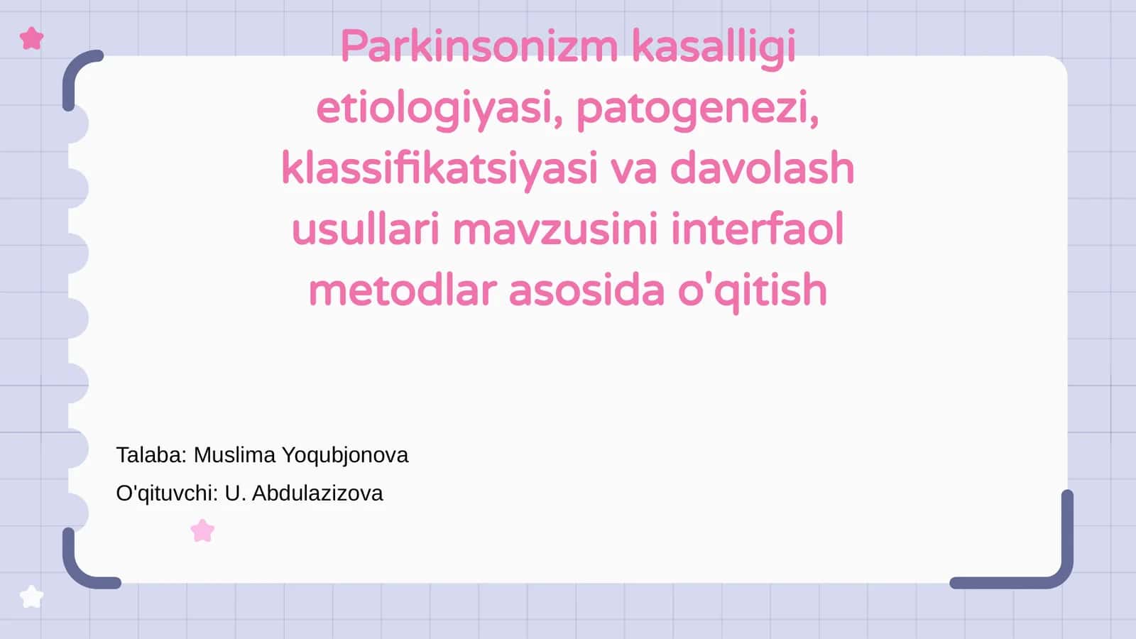 Parkinsonizm kasalligi etiologiyasi, patogenezi, klassifikatsiyasi va davolash usullari