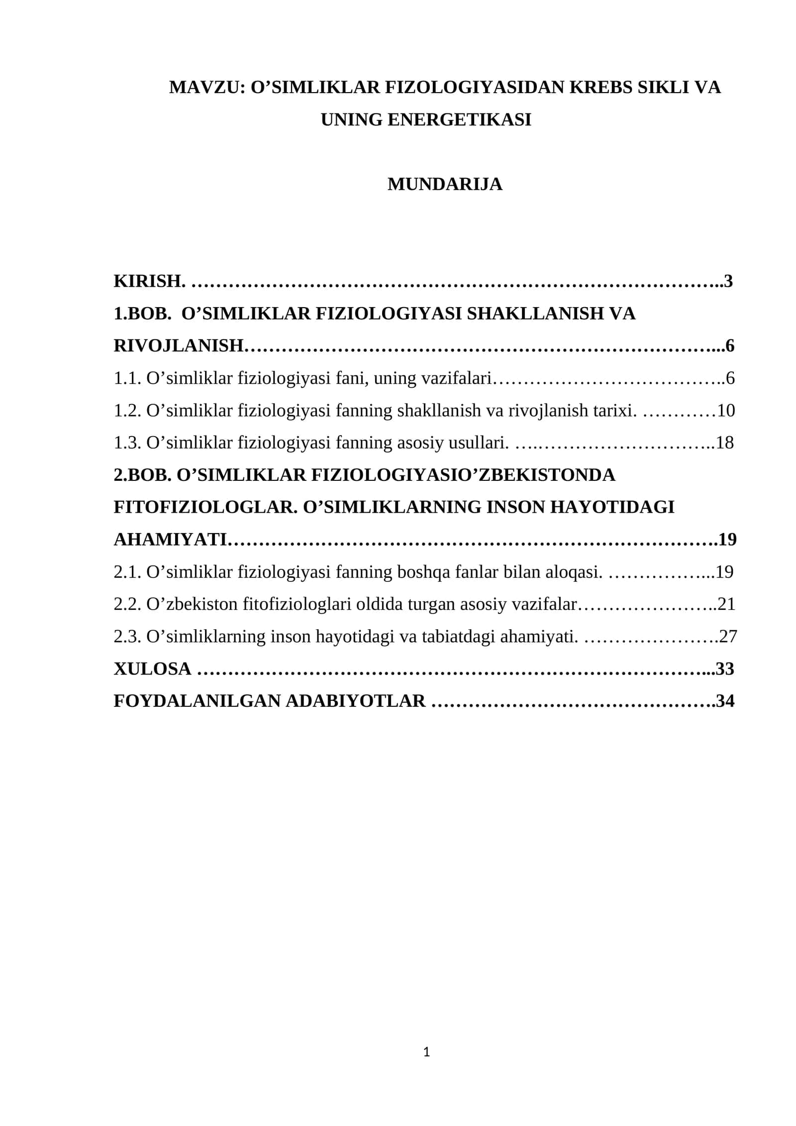 O’SIMLIKLAR FIZOLOGIYASIDAN KREBS SIKLI VA UNING ENERGETIKASI