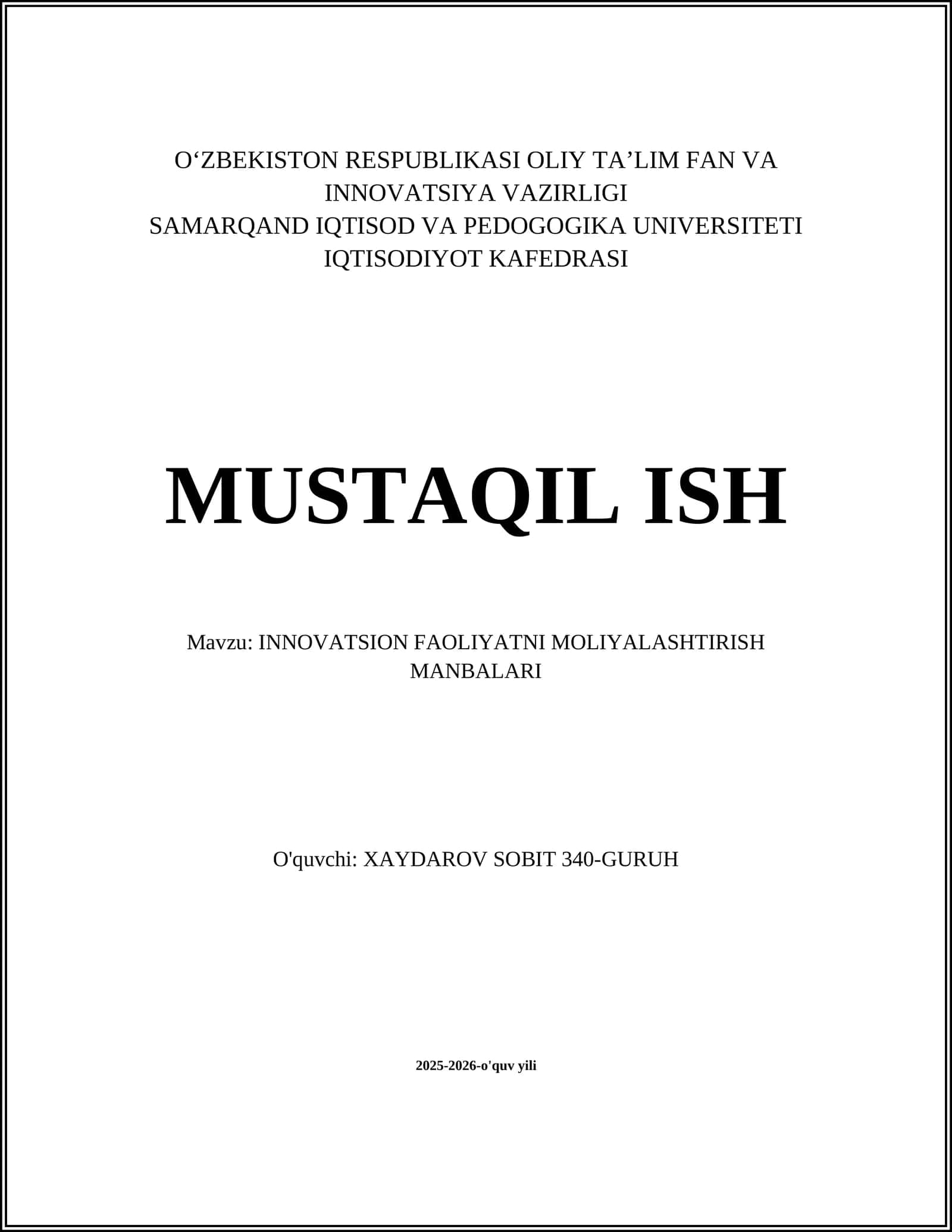 INNOVATSION FAOLIYATNI MOLIYALASHTIRISH MANBALARI