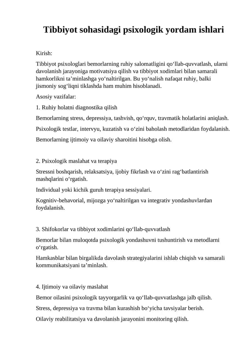 Tibbiyot sohasidagi psixologik yordam ishlari