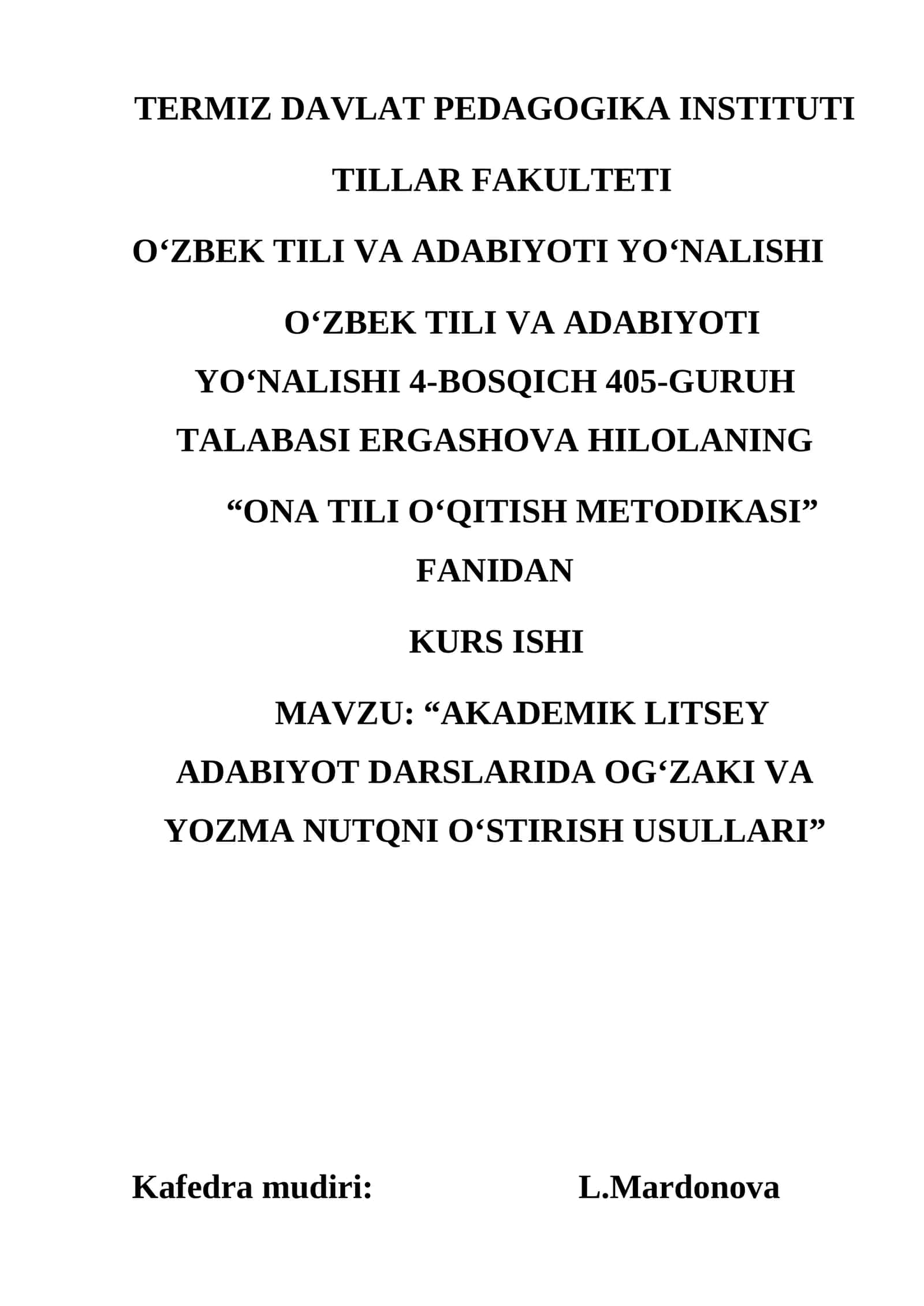 "ONA TILI O‘QITISH METODIKASI" FANIDAN KURS ISHI