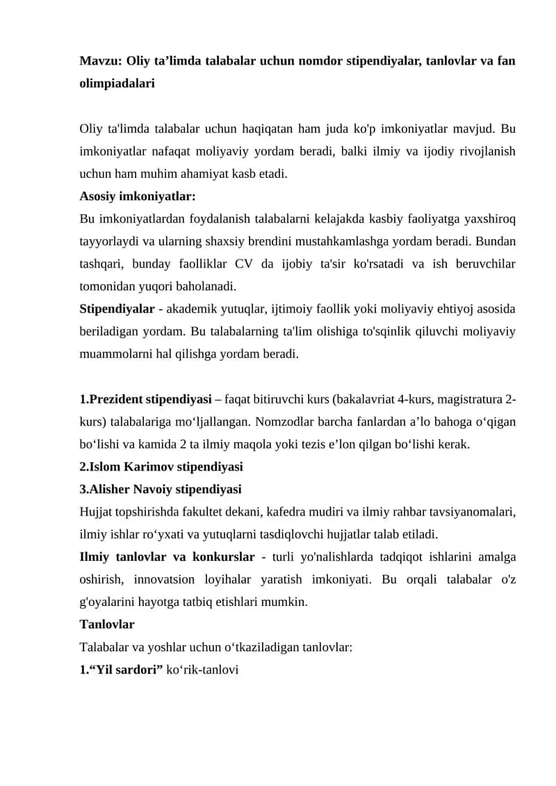 Oliy ta'limda talabalar uchun nomdor stipendiyalar, tanlovlar va fan olimpiadalari