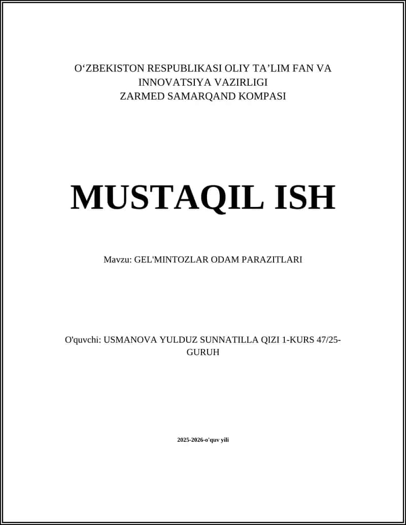GEL'MINTOZLAR ODAM PARAZITLARI