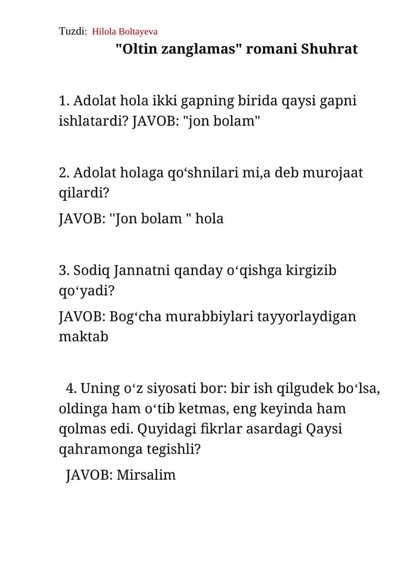 "Oltin zanglamas" romani Shuhrat savol javob