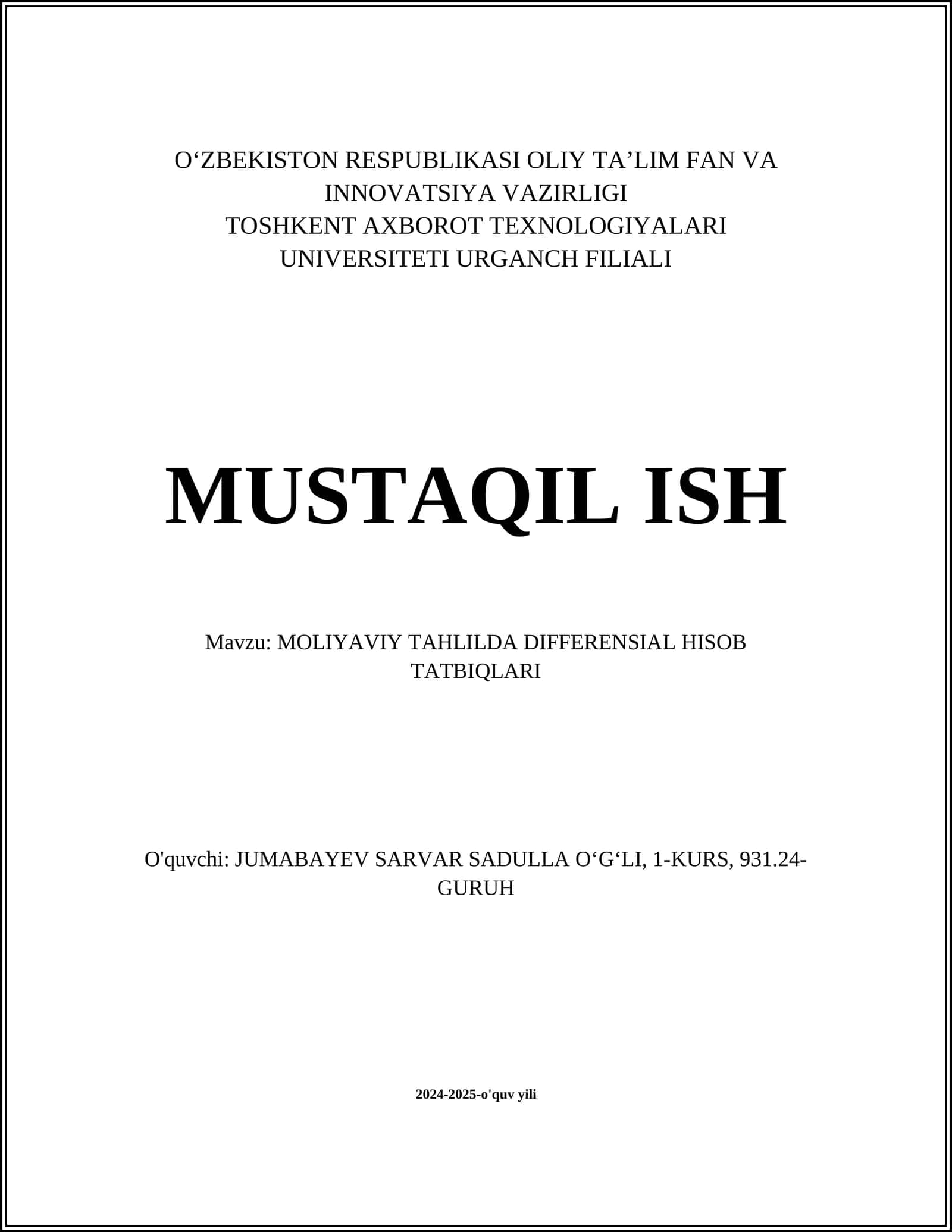 MOLIYAVIY TAHLILDA DIFFERENSIAL HISOB TATBIQLARI