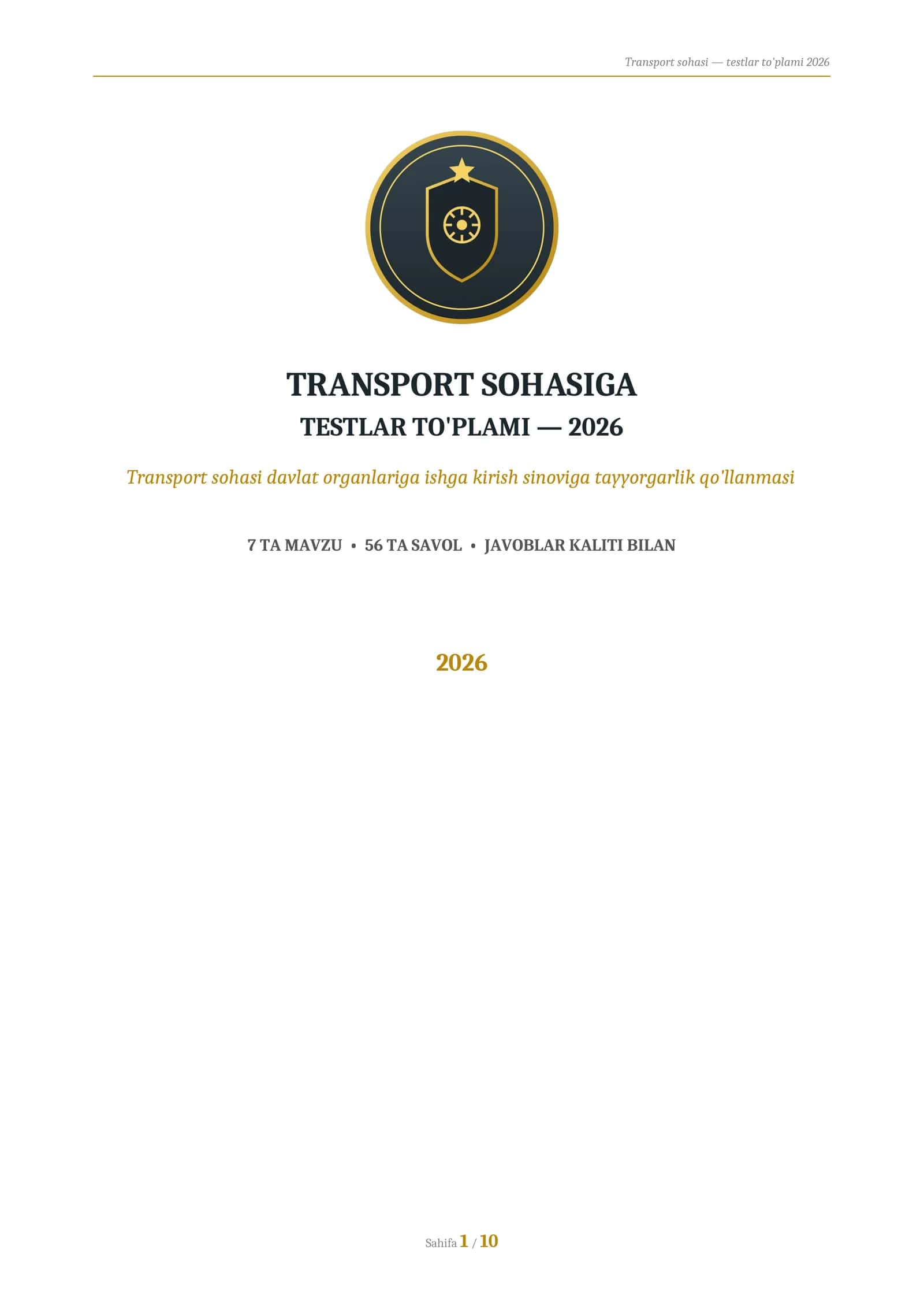 Transport sohasi davlat organlariga ishga kirish sinoviga tayyorgarlik testlari