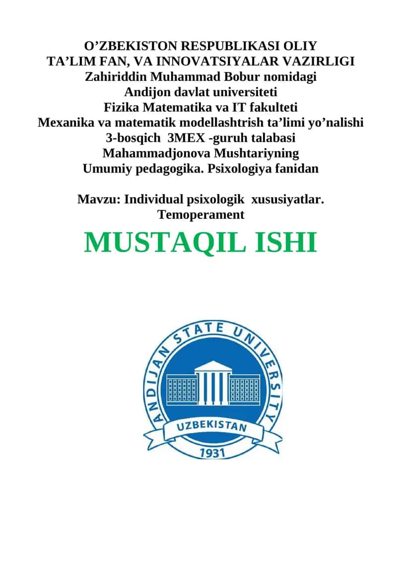 Individual psixologik xususiyatlar. Temoperament
