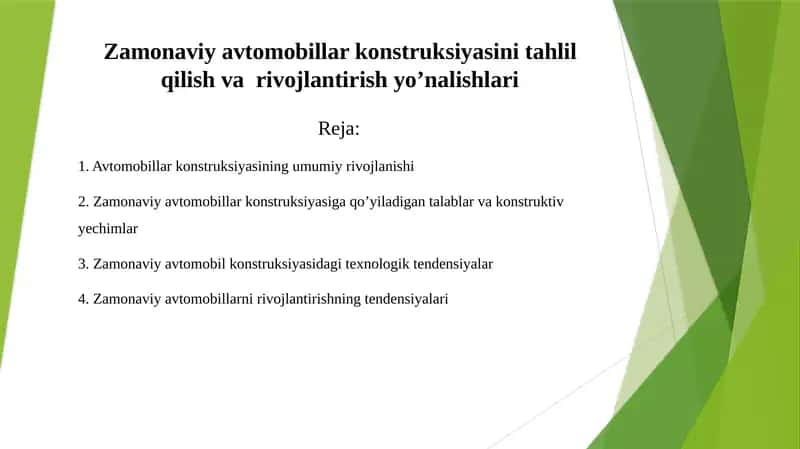 Zаmоnаviy аvtоmоbillаr kоnstruksiyasini tаhlil qilish va  rivojlantirish yo’nalishlari